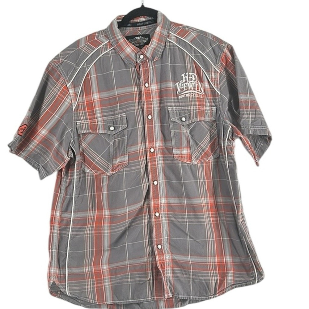 Harley Davidson Short Sleeve pearl Snap Front plaid Shirt motorcycle Size XL